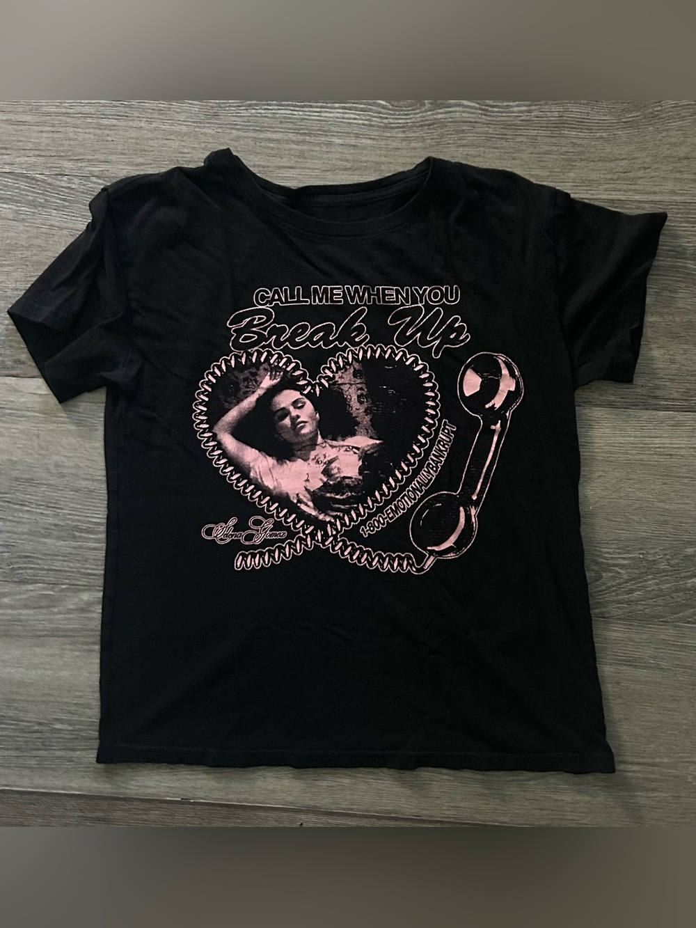 Selena Gomez Black Short Sleeve Graphic Tee with Pink Print